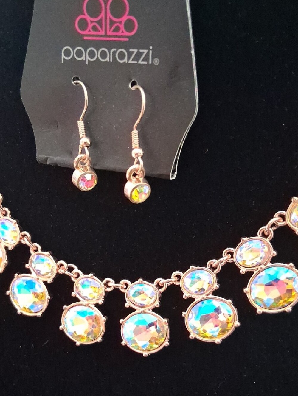 paparazzi Rose Gold Aurora AB Bib Necklace and Earrings